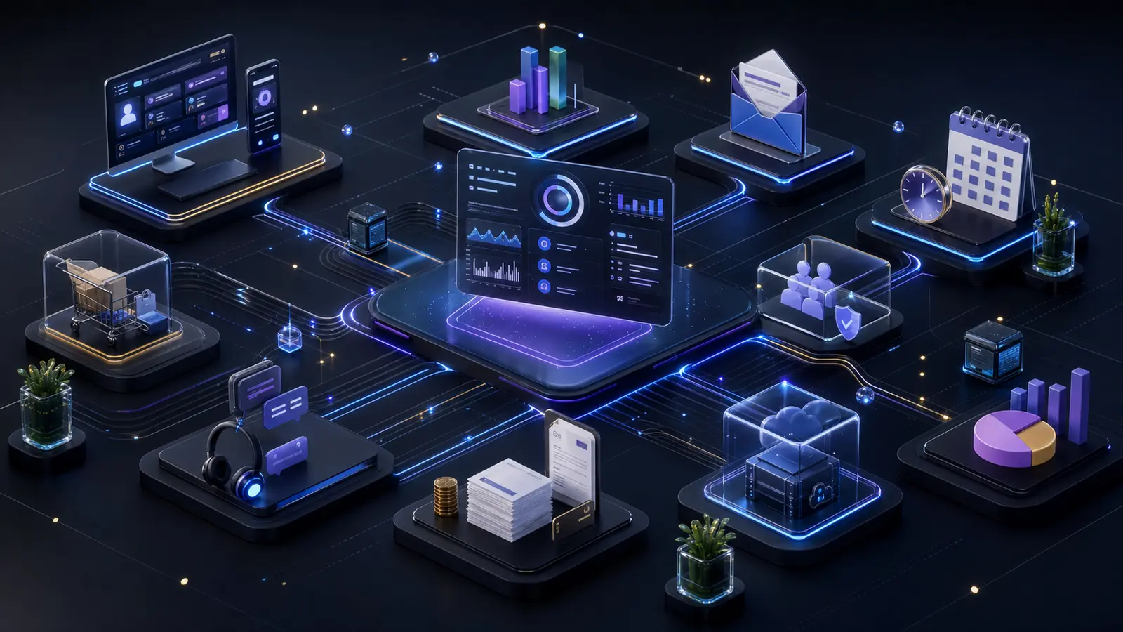 Écosystème digital complet orchestré par automatisation IA