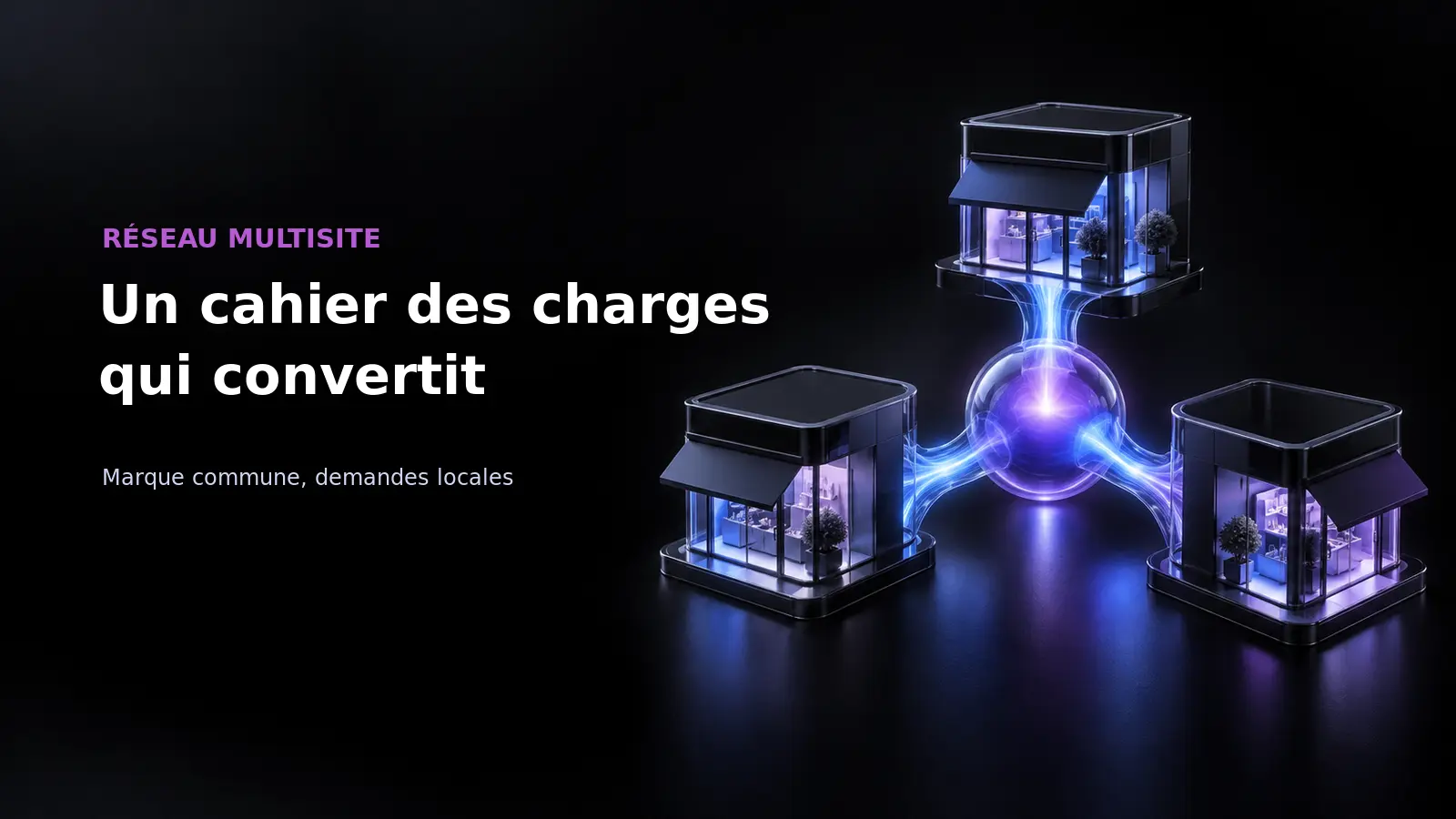 Trois établissements de franchise en verre sombre reliés à un centre lumineux bleu et violet