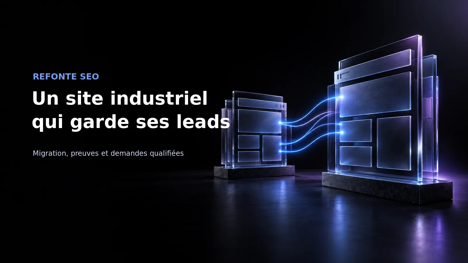 Structures de pages industrielles reliées par des flux lumineux bleus, symbolisant une migration SEO maîtrisée