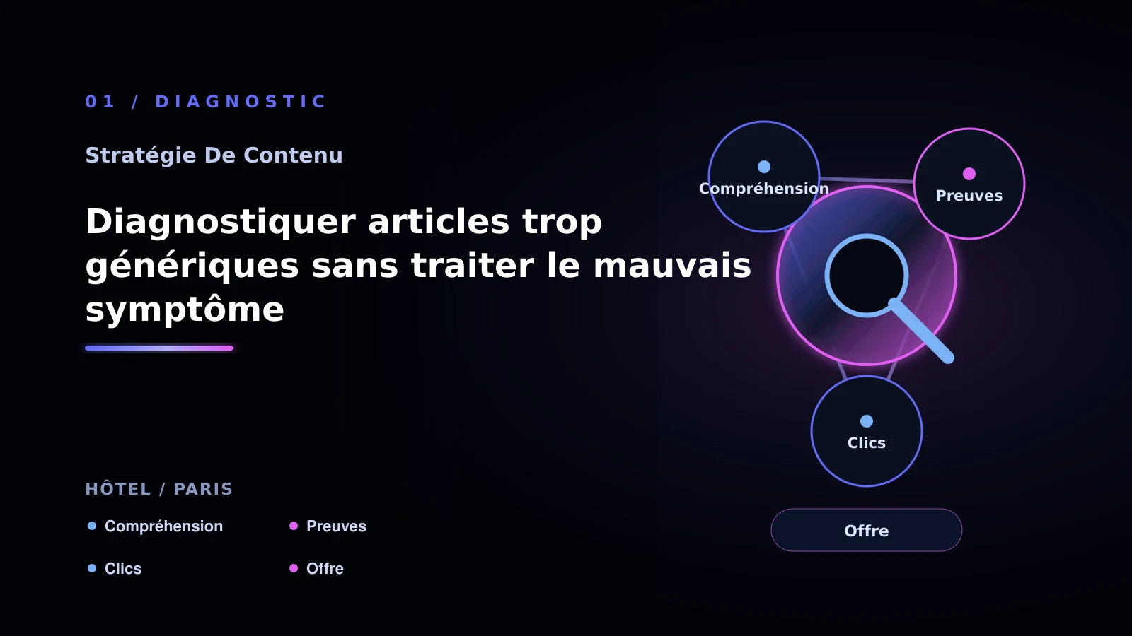 Illustration de diagnostiquer articles trop génériques sans traiter le mauvais symptôme pour Contenu SEO à Paris: choisir la bonne approche: hôtel