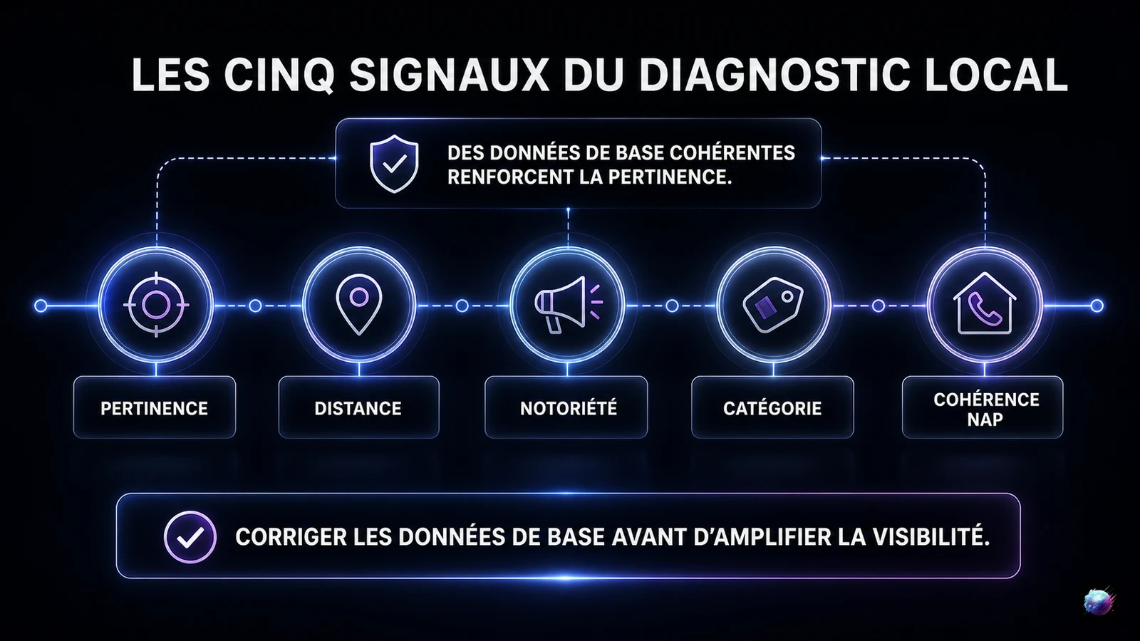 Infographie des cinq signaux à contrôler pour diagnostiquer la visibilité d'une PME sur Google Maps