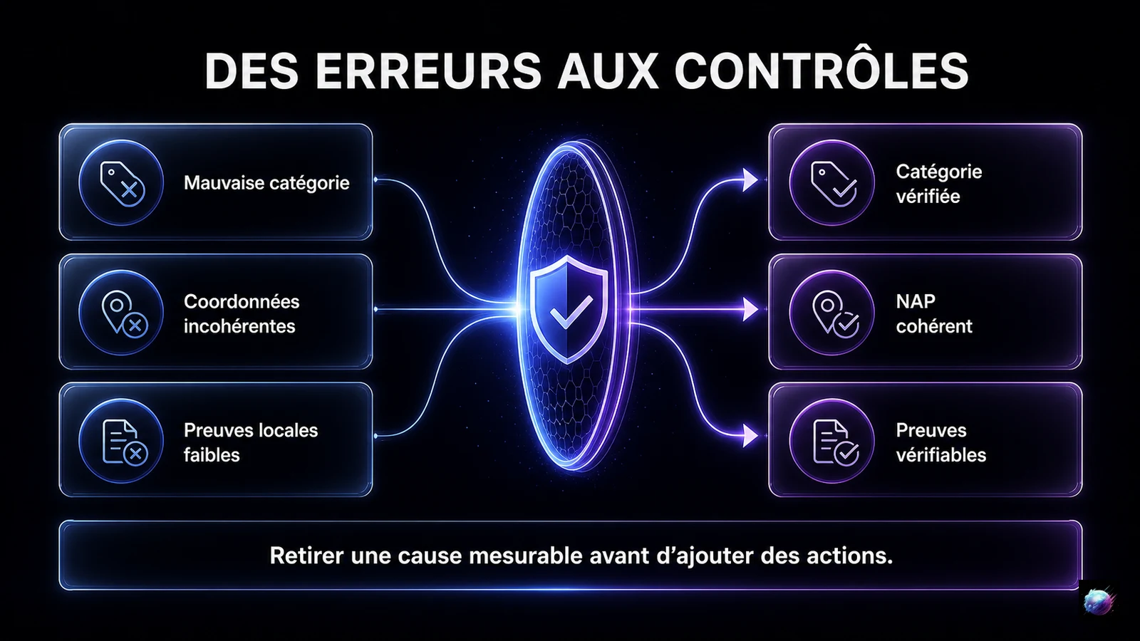 Infographie transformant les erreurs de catégorie, coordonnées et preuves locales en contrôles