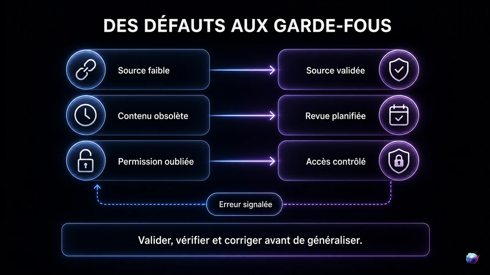Infographie transformant les défauts d'une base de connaissances en garde-fous