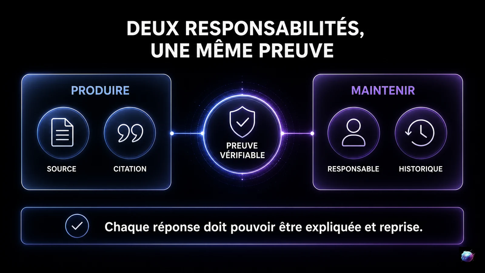 Infographie séparant production et maintenance autour d'une preuve vérifiable