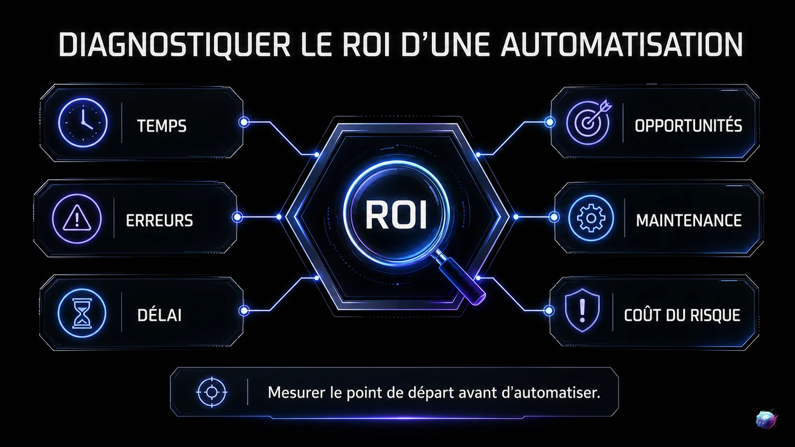 Infographie des six facteurs à diagnostiquer pour calculer le ROI d'une automatisation