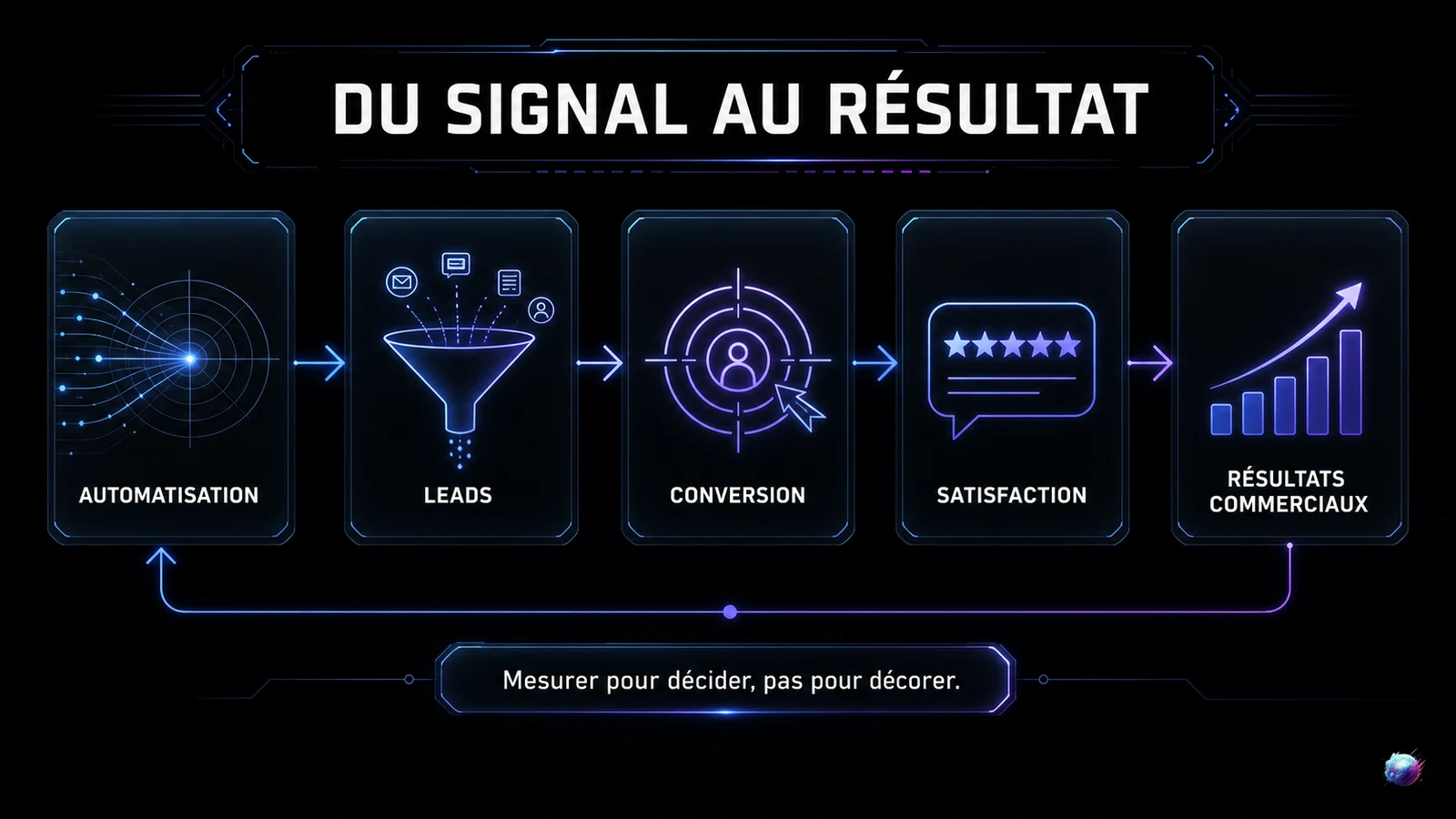 Infographie reliant l'automatisation aux leads, conversions, satisfaction et résultats commerciaux