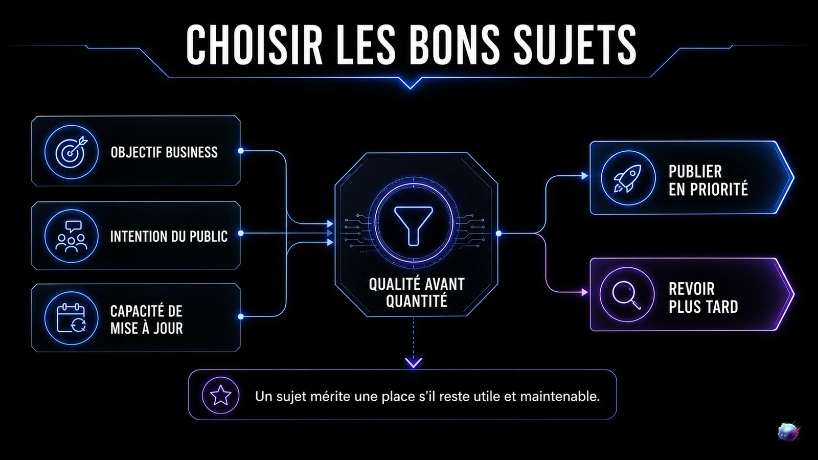 Infographie des filtres de décision pour choisir les sujets d'un calendrier éditorial B2B