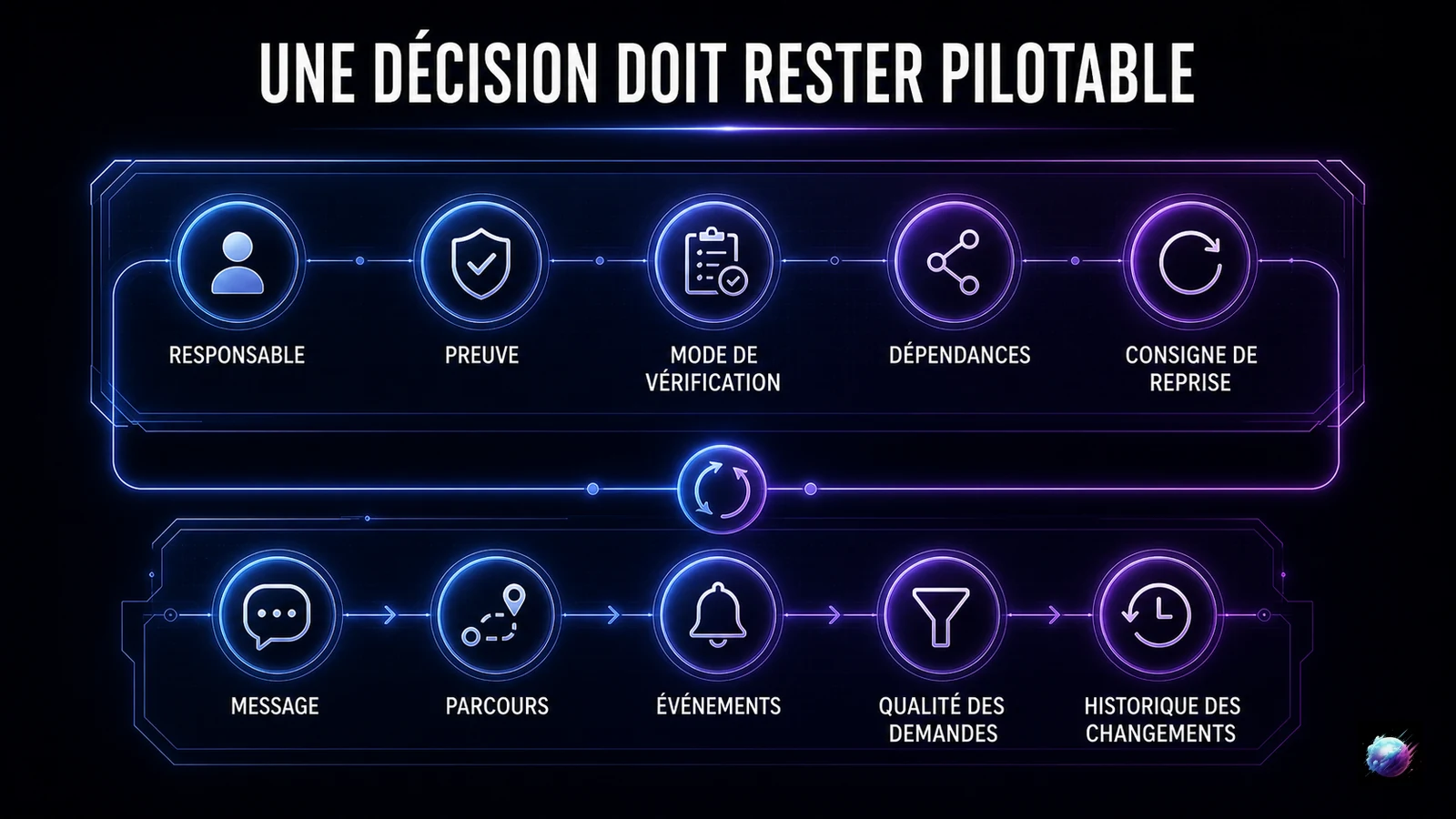 Infographie Digital Empire — Responsabilité, preuve et maintien dans le temps