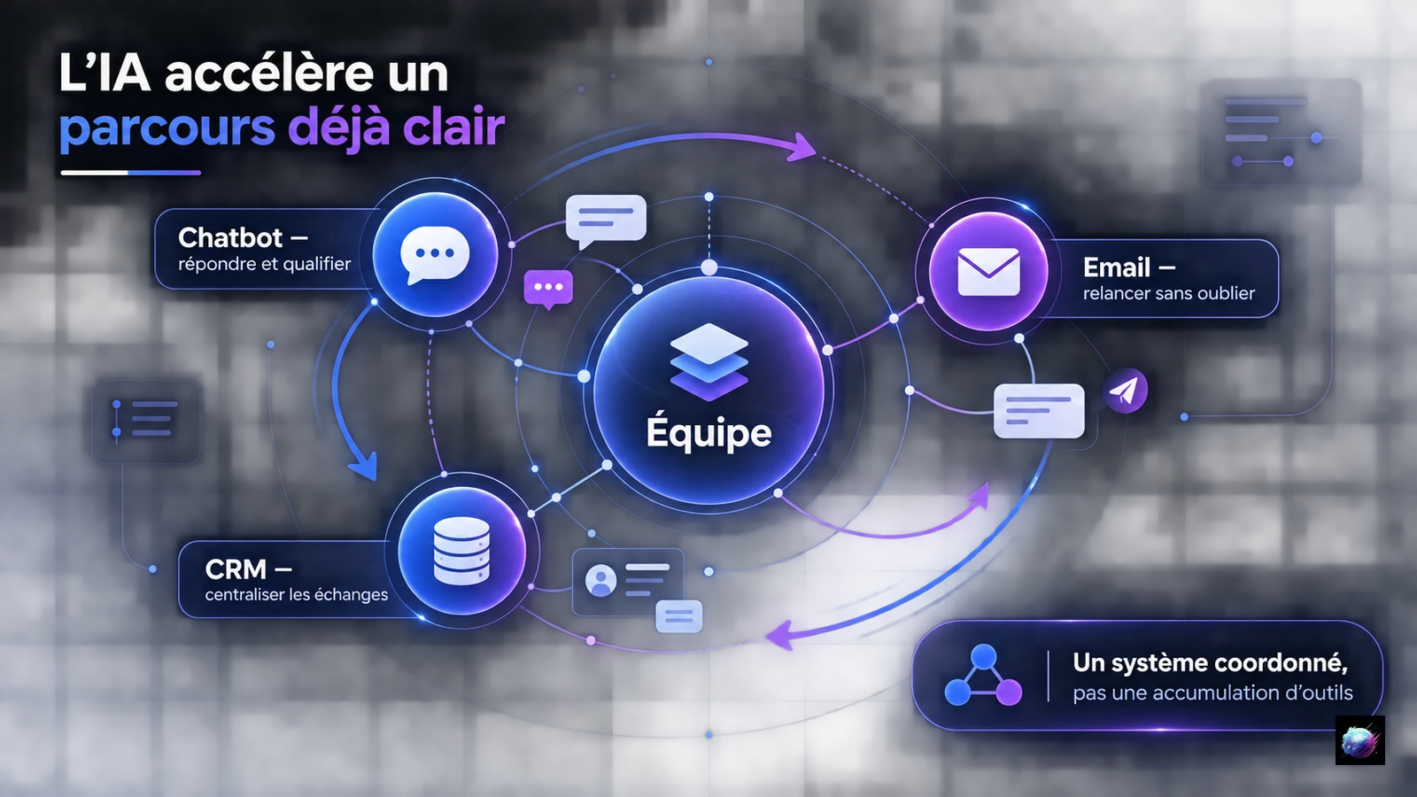 Système montrant comment chatbot, email, CRM et équipe se coordonnent avec l’IA