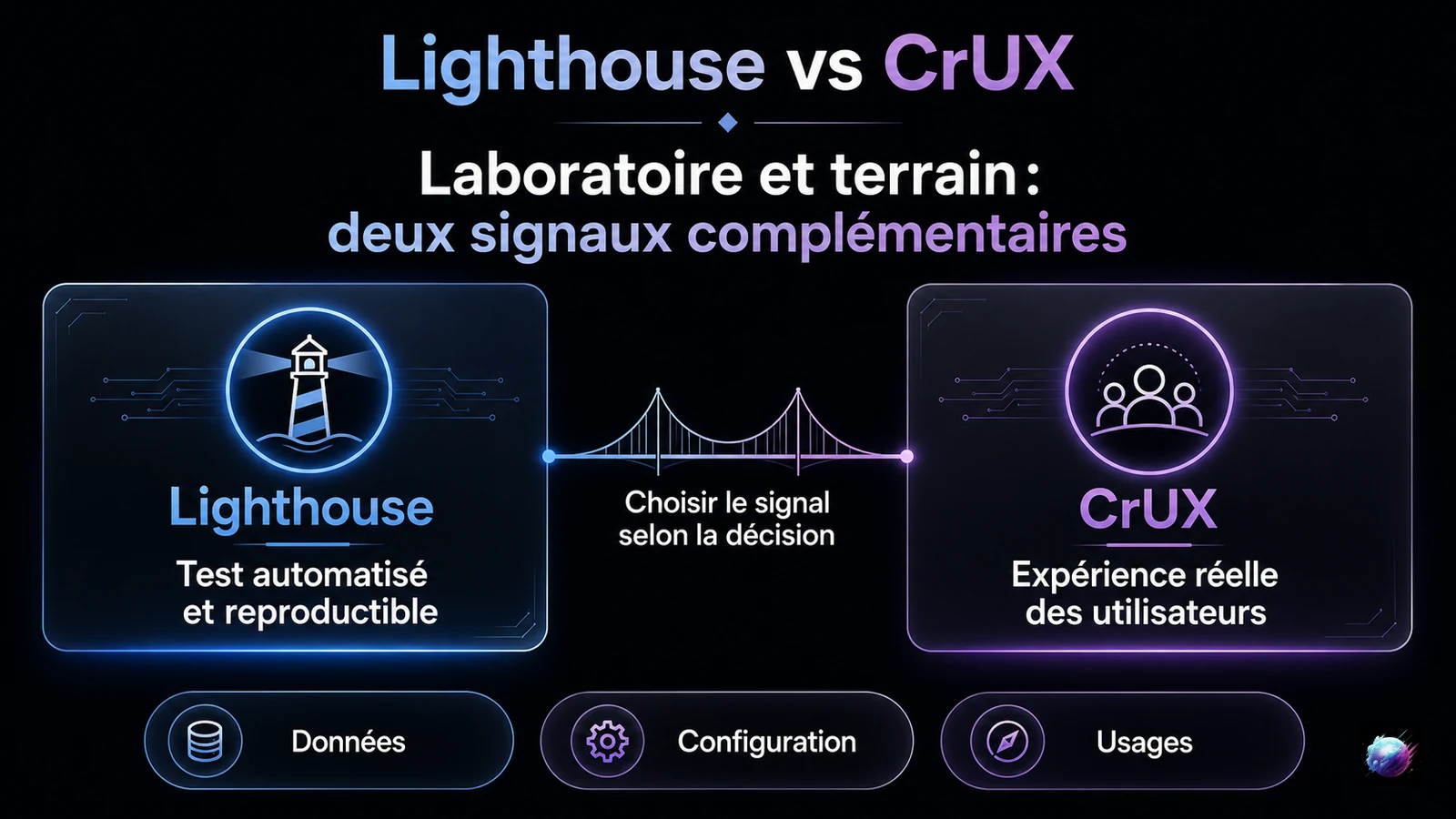 Infographie comparant les signaux de laboratoire Lighthouse et les données terrain CrUX